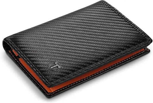 TEEHON Cartera Hombre Vertical Cuero de Fibra de Carbono con RFID Protección