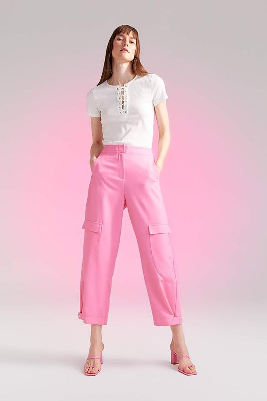 DeFacto Pantalones Casuales Mujer – Estilo Cargo Cropped con Bolsillos Laterales (Rosa)