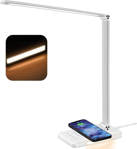 BIENSER Lámpara Escritorio LED – Regulable con Carga Inalámbrica 10W y USB, Luz Nocturna y Control Táctil (24W, 1200 Lux)