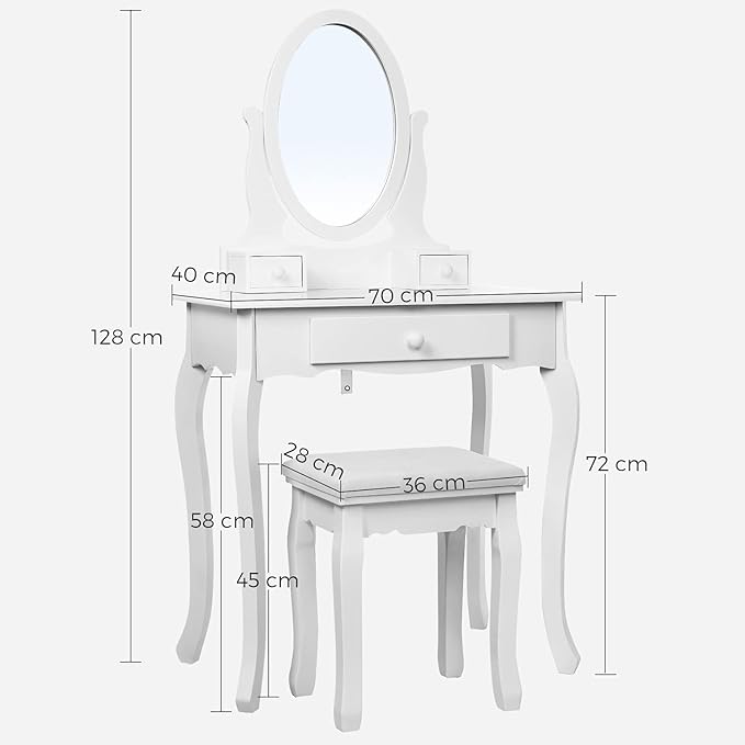 Songmics RDT004 Tocador de Maquillaje con Taburete - Espejo Oval y 3 Cajones