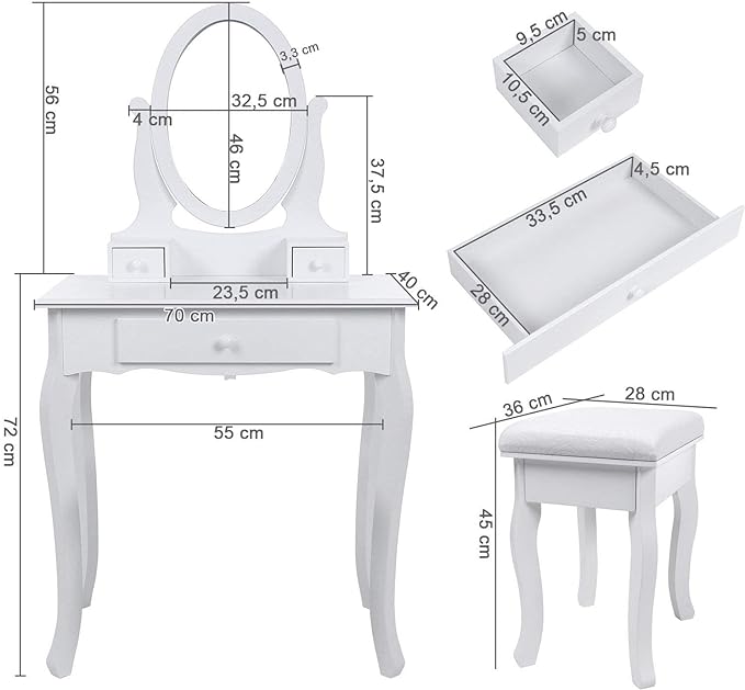 Songmics RDT004 Tocador de Maquillaje con Taburete - Espejo Oval y 3 Cajones