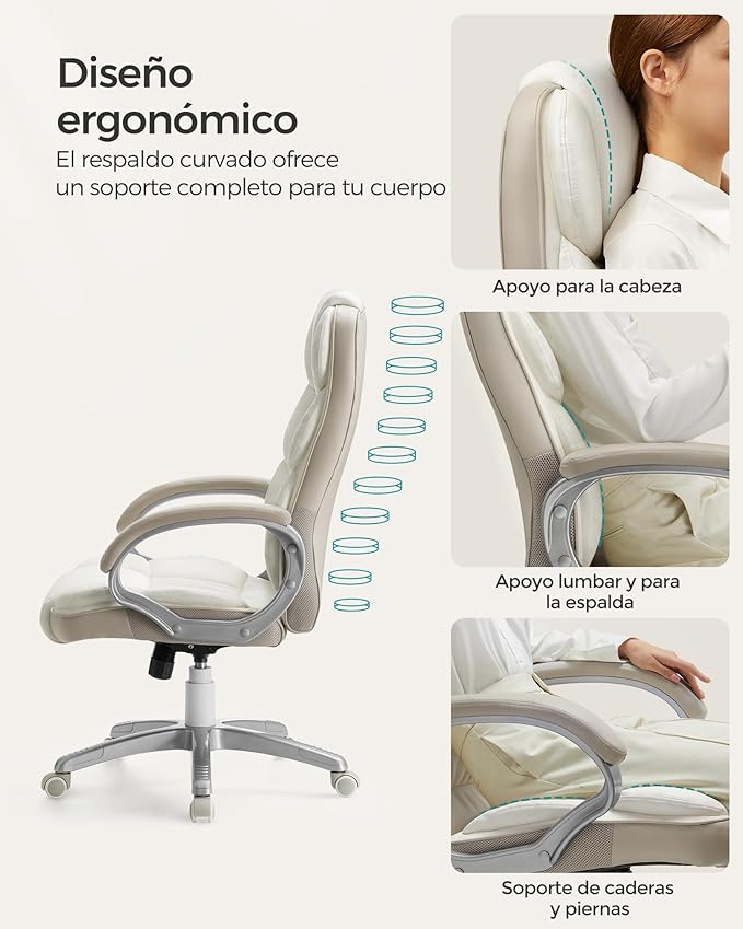 Silla Ejecutiva y de Gaming SONGMICS OBG024W01 - Ergonómica y Ajustable en Altura, Blanco Crema y Marrón Camello