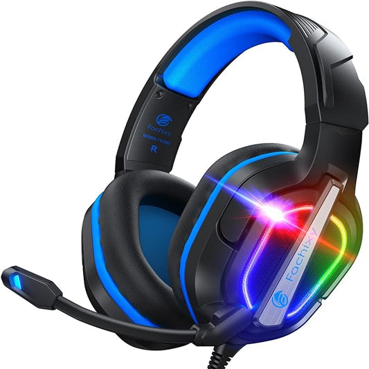 Cascos Gaming Fachixy FC200 para PS4/PS5/PC/Xbox One/Switch, Cancelación de Ruido, Sonido Estéreo, Micrófono y Luz RGB - Azul