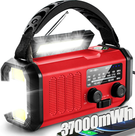 QAUYYW Radio de Emergencia – con Manivela, Solar, Linterna y Cargador para Móvil (NOAA AM/FM, 37000 mWh)