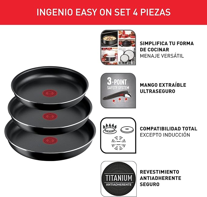 Tefal Ingenio Easy On - Juego de 3 Sartenes Antiadherentes con Mango Extraíble