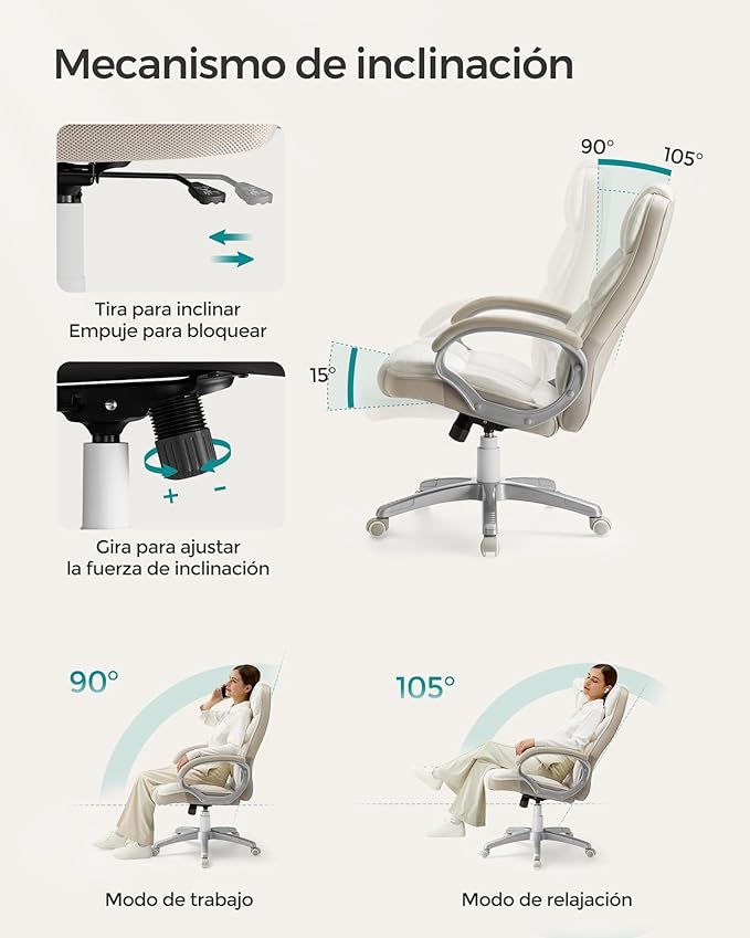 Silla Ejecutiva y de Gaming SONGMICS OBG024W01 - Ergonómica y Ajustable en Altura, Blanco Crema y Marrón Camello