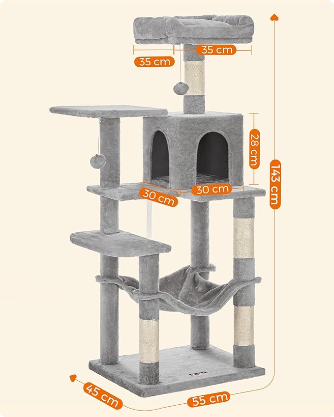 Torre Multinivel FEANDREA para Gatos 143 cm - Gris Claro con Cueva y Hamaca