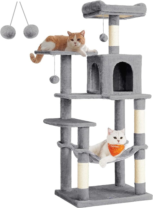 Torre Multinivel FEANDREA para Gatos 143 cm - Gris Claro con Cueva y Hamaca