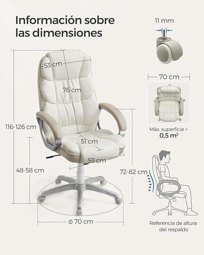 Silla Ejecutiva y de Gaming SONGMICS OBG024W01 - Ergonómica y Ajustable en Altura, Blanco Crema y Marrón Camello