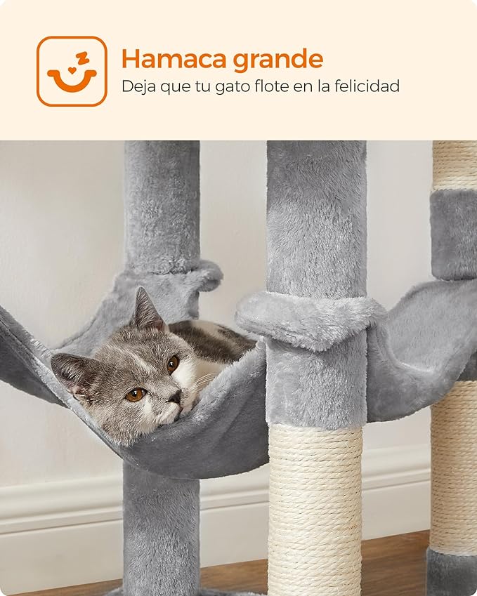 Torre Multinivel FEANDREA para Gatos 143 cm - Gris Claro con Cueva y Hamaca