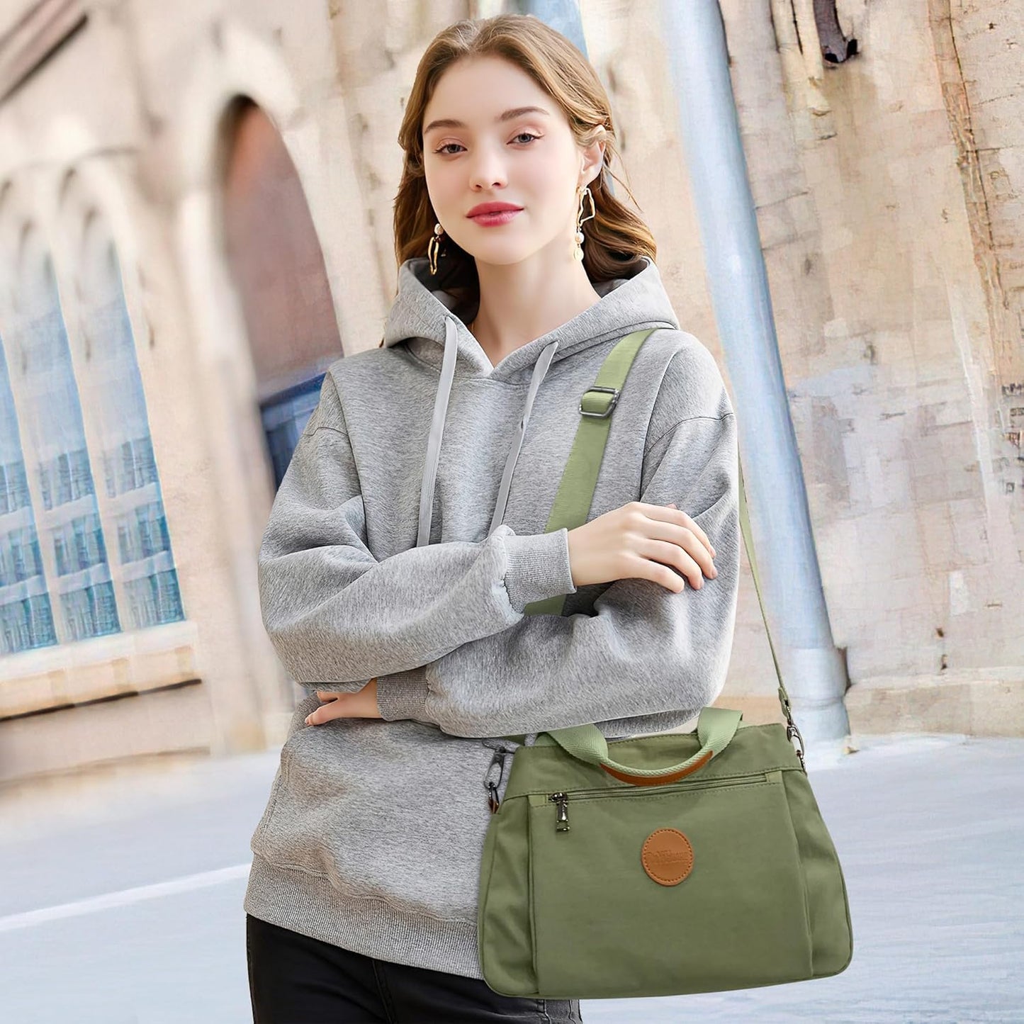 DIRRONA Bolso Bandolera Mujer – Nylon Multibolsillos para Viajes y Uso Diario (Verde)