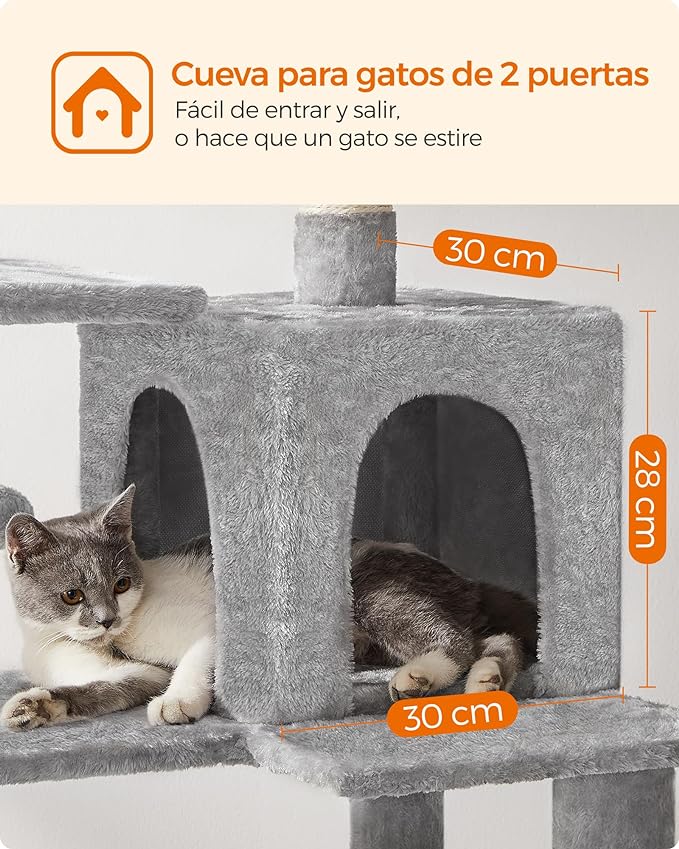 Torre Multinivel FEANDREA para Gatos 143 cm - Gris Claro con Cueva y Hamaca