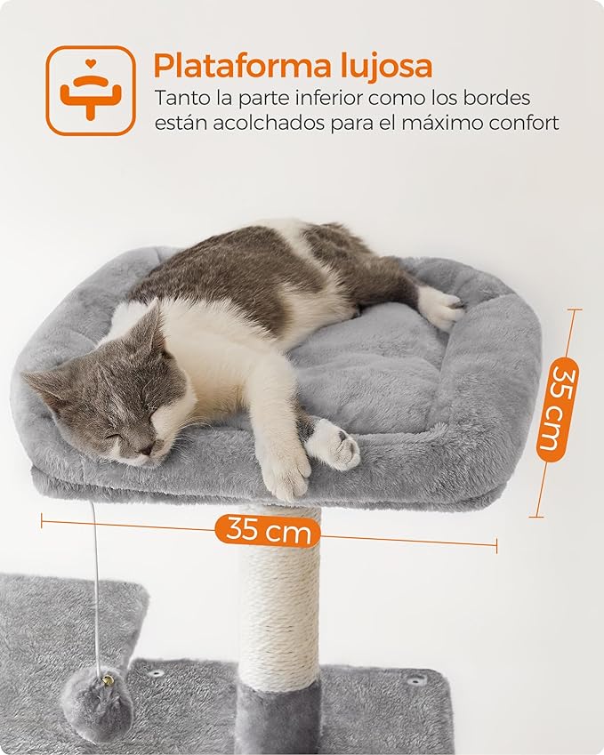 Torre Multinivel FEANDREA para Gatos 143 cm - Gris Claro con Cueva y Hamaca