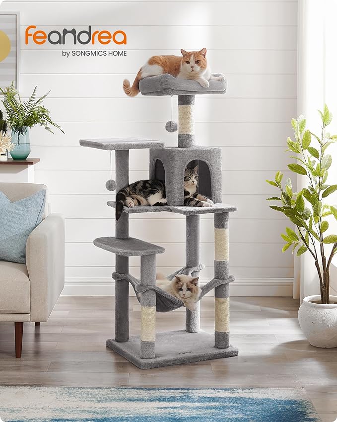 Torre Multinivel FEANDREA para Gatos 143 cm - Gris Claro con Cueva y Hamaca