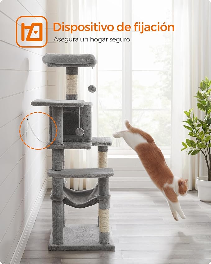 Torre Multinivel FEANDREA para Gatos 143 cm - Gris Claro con Cueva y Hamaca