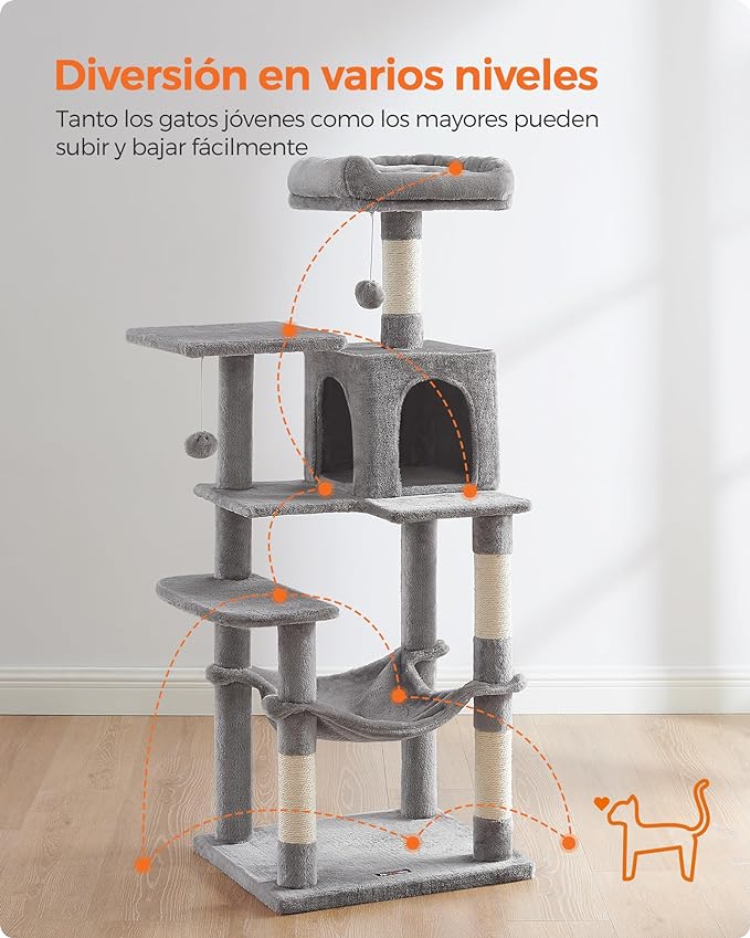 Torre Multinivel FEANDREA para Gatos 143 cm - Gris Claro con Cueva y Hamaca