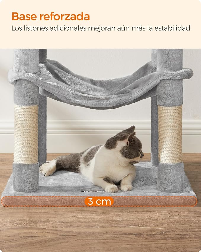 Torre Multinivel FEANDREA para Gatos 143 cm - Gris Claro con Cueva y Hamaca