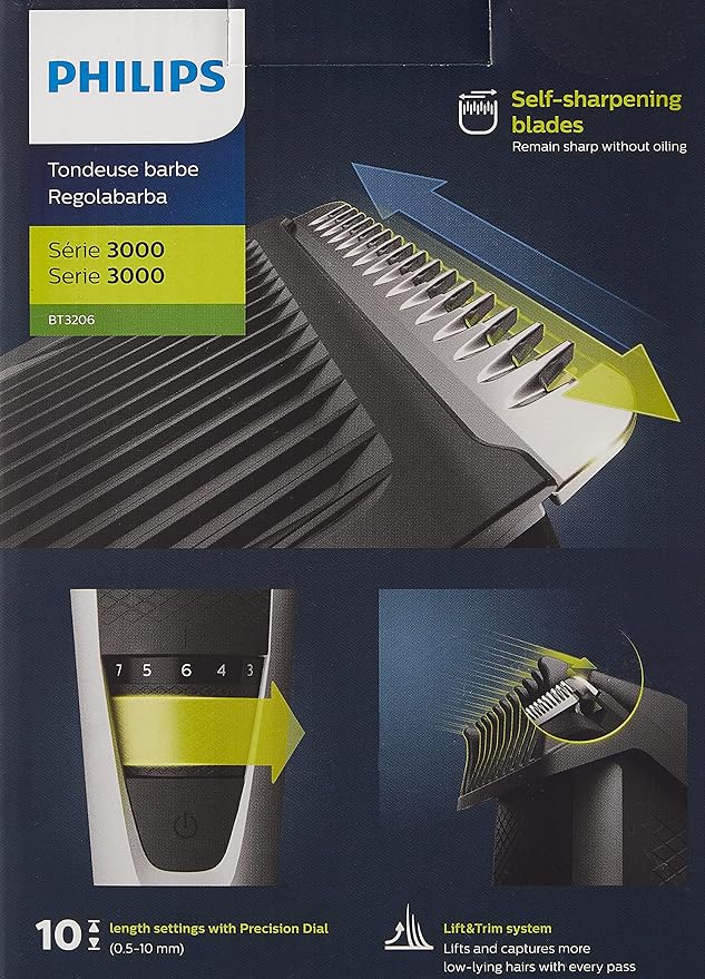 Philips Beardtrimmer Serie 3000 - Recortadora de Barba con Tecnología Lift & Trim, BT3206/14