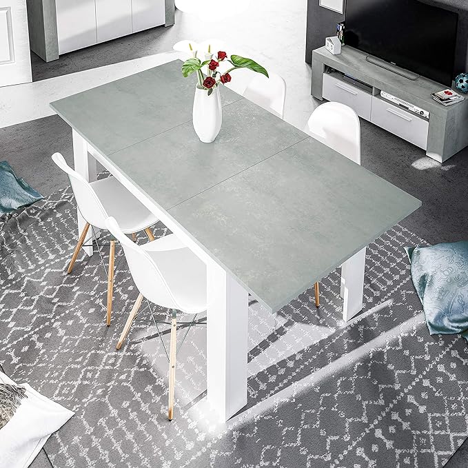 Mesa de Comedor Extensible Kendra - Blanco Artik y Gris Cemento, 140-190cm