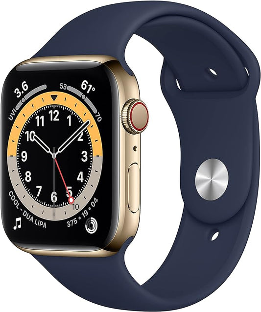 Apple Watch Series 6 (GPS + Cellular, 44mm) - Caja de Acero Inoxidable Dorado con Banda Deportiva Azul Marino Profundo (Reacondicionado)